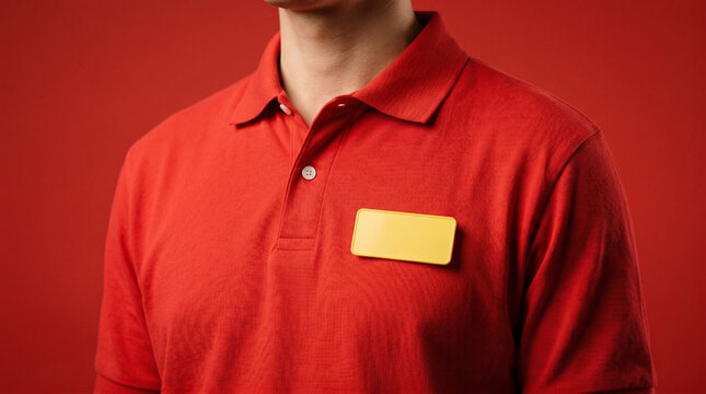 Man wearing red polo shirt with empty yellow name tag for staff uniform mockup on bright red background for customer service and retail branding identification concept photography.