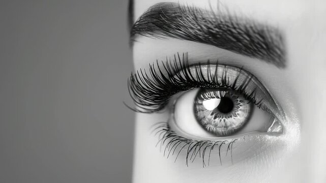 A monochrome close-up of an eye with lush lashes and a detailed iris, set against a neutral backdrop, emphasizes natural beauty and captivating detail. The image highlights the eye's expressiveness.