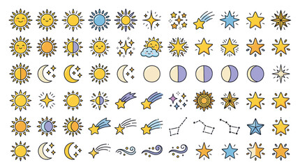 Celestial doodle icons set featuring sun moon stars and planets © ninis