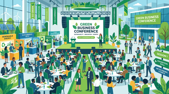 Green Business Conference Illustration with People Networking at Sustainability Event Stage and Booths
