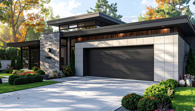 Modern residential home exterior design with garage and landscaped yard