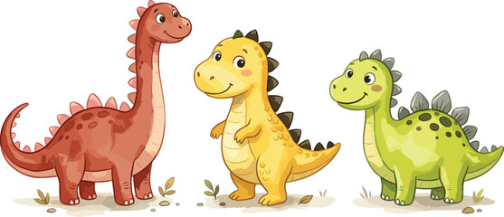 Cute Dinosaur Vector Illustration Featuring Sweet Cartoon Brachiosaurus, Tyrannosaurus Rex, and Stegosaurus Characters for Children Nursery Art and Educational Designs © Rumi