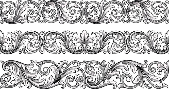 Set of vintage floral borders, decorative vector ornaments, classic acanthus leaf scrolls for design