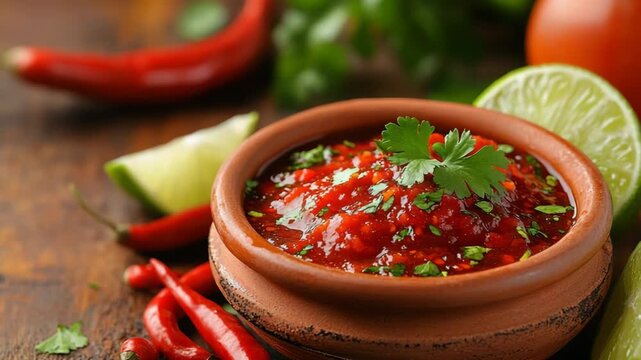 selective focus tabasco sauce in small dish with lime wedges and chili peppers