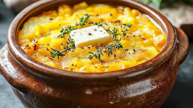 selective focus velvety mashed root vegetables in ceramic dish with thyme and butter