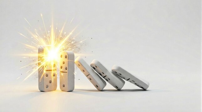 Falling domino effect with explosive light burst, symbolizing sudden impact and chain reaction