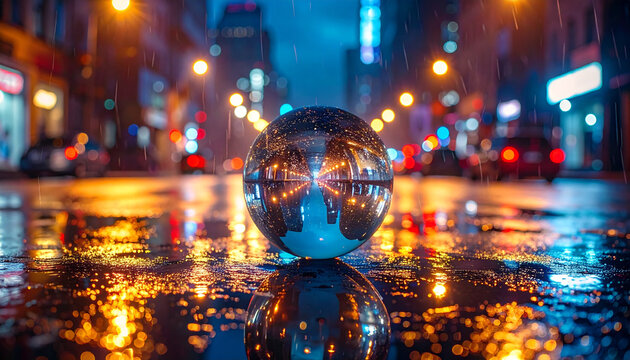 Reflective sphere on wet pavement in cityscape illuminated by streetlights