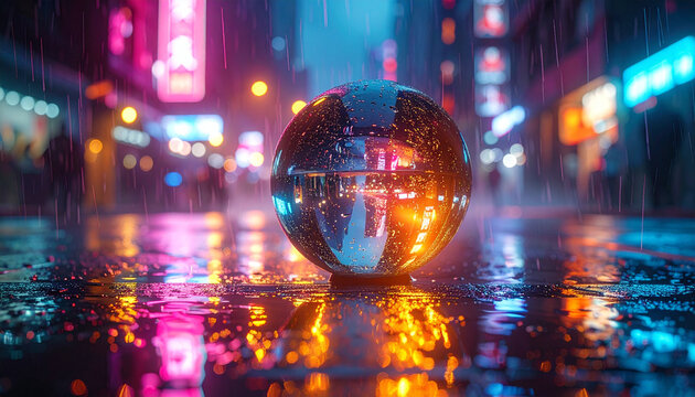 Shiny sphere reflecting city lights on a wet street at night
