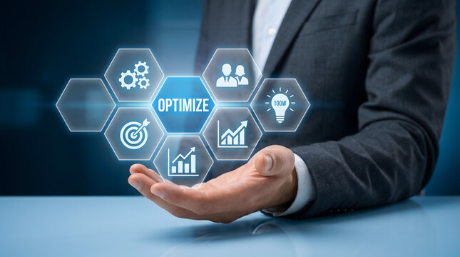 Business professional holding digital interface with optimize concept icons for corporate strategic planning and performance efficiency improvement solutions
