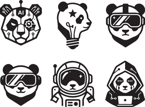 Panda AI logo set, vector illustration of cute pandas, artificial intelligence technology mascots, robot panda icon, lightbulb panda for creative ideas, virtual reality VR panda, astronaut space panda