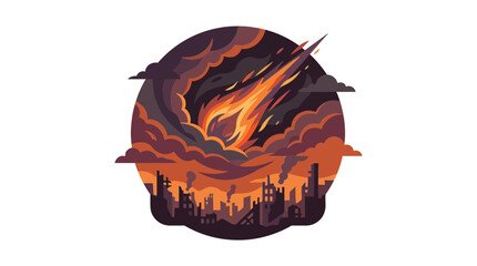 Burning meteorite hitting city skyline in circular frame. © tuwir