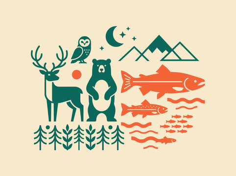 A flat vector illustration of wild forest animals and nature
