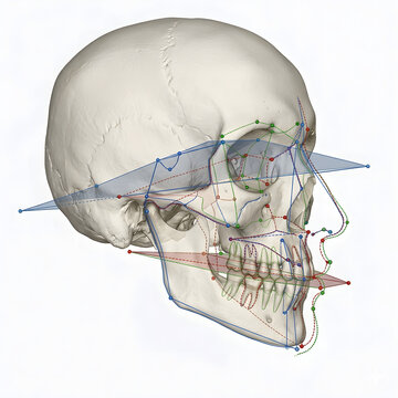 High-Detail 3D Superimposed Cephalometric Tracing on Human Skull for Orthodontic Analysis, suitable for science education, isolated on a white background.