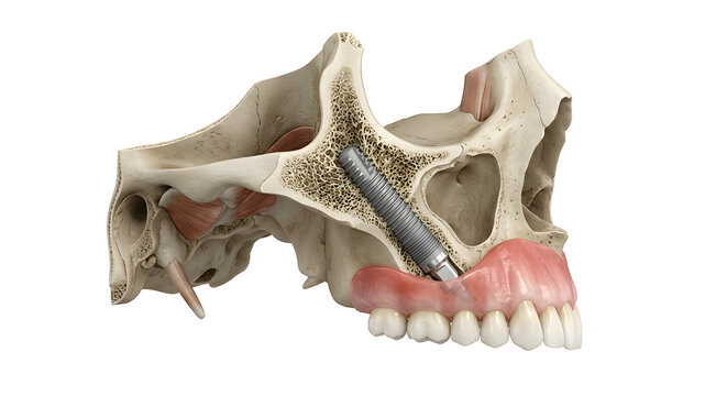 Highly Detailed 3D Render of Zygomatic Dental Implant Anatomy in the Skull, Isolated on a White Background, Suitable for Science Education