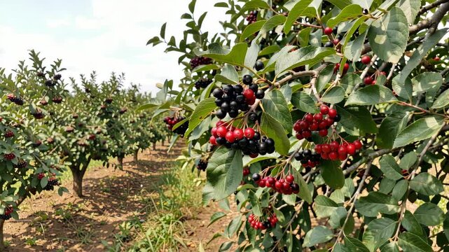 Rows of berry bushes stretch under clear skies. Clusters of ripe berries hang heavy on green branches. Sunlight glints off deep red and dark purple fruit. Leaves rustle gently in the breeze