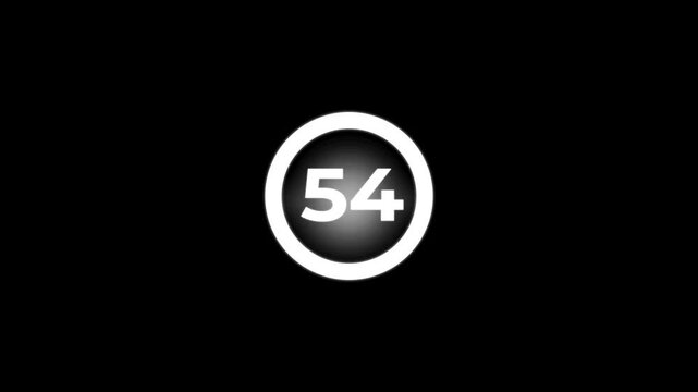 Large white number 54 circled prominently displayed for countdown or numerical sequence in modern minimalist with black background.4k animated video.