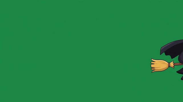 2D Flat Vector Seamless Loop Animation Cute Halloween Witch Flying on Broomstick Green Screen