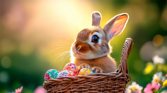 Adorable Easter bunny sitting in a wicker basket filled with colorful painted eggs, cinematic backlighting, natural spring bokeh background, warm festive celebration concept.