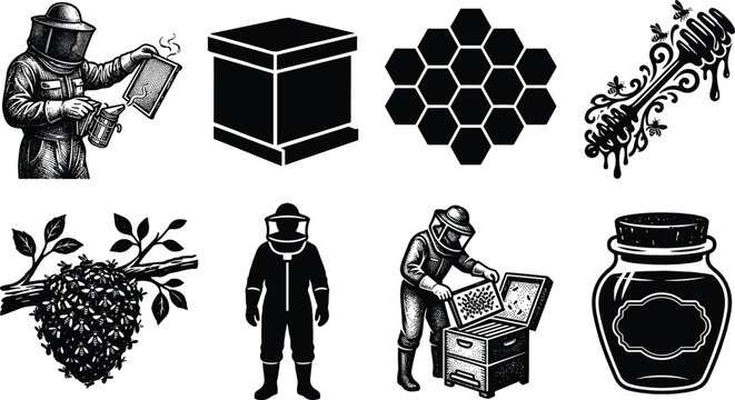 Beekeeping and Honey Production Collection Featuring Beekeeper Hive Honeycomb Dipper Jar Bees Apiary Agriculture Industry