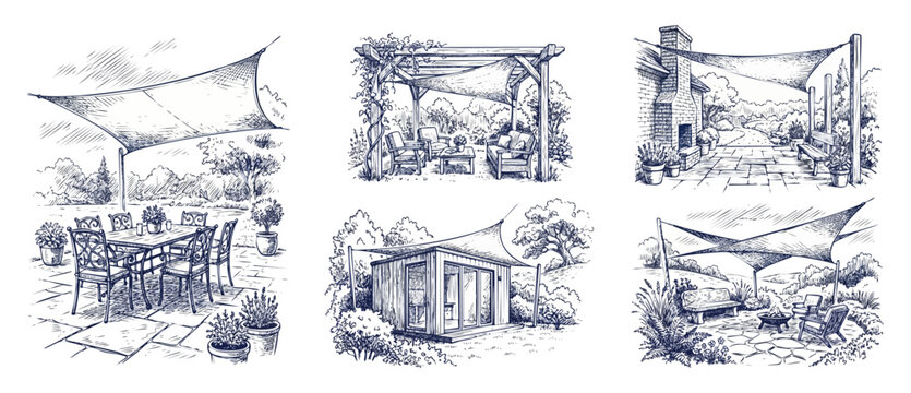 Backyard patio design ideas sketch set showing outdoor living spaces with shade sails, pergolas, fire pits, dining furniture layouts for modern home landscaping, and gardening architecture sketch set.