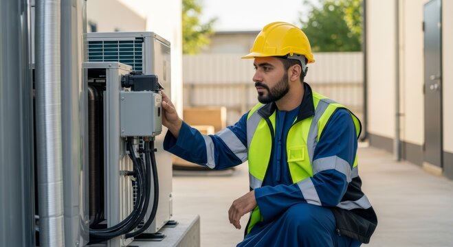 Man technician wearing yellow hard hat inspecting industrial air conditioning unit. Professional engineer checking hvac equipment. Maintenance, repair and engineering service concept.