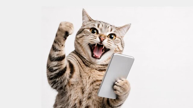 Success cat doing fist pump with smartphone on white background