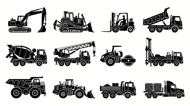 Collection of construction and industrial heavy machinery and vehicles, isolated on white background.