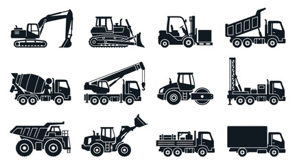 Collection of construction vehicles and heavy machinery icons in silhouette style. © ning