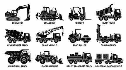 Collection of black and white construction and industrial vehicle icons, including excavator, bulldozer, forklift, and dump truck. © ning