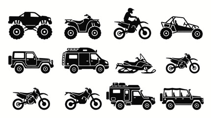 Collection of black and white silhouette icons representing various off-road vehicles and recreational transportation. © ning