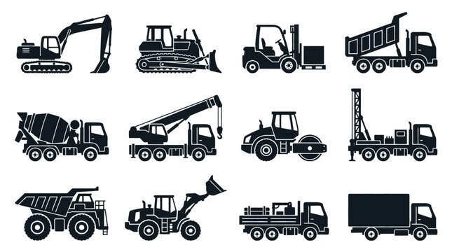 Collection of construction vehicles and heavy machinery icons in silhouette style.