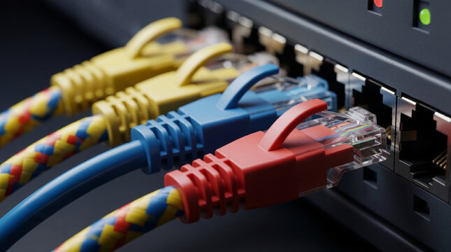 Red yellow blue ethernet network cables plugged into router switch, internet connection, data transfer, technology, cybersecurity, digital network, close up shot, secure connection.