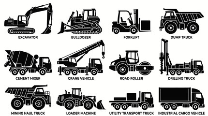 Collection of Silhouetted Construction and Industrial Vehicles on a White Background. © ning