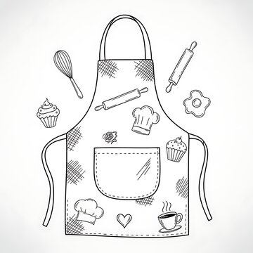 Hand Drawn Baking Apron with Kitchen Utensils and Pastry Icons on White Background