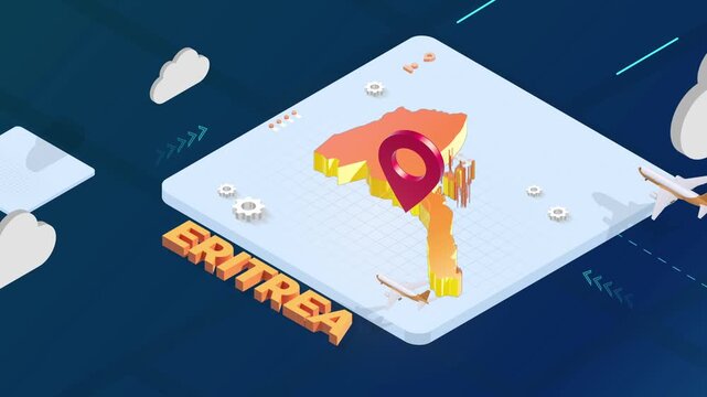 Isometric 3D Render of Eritrea Map with Red Location Pin Pointer and Floating Airplanes