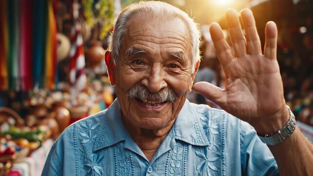 Portrait of an elderly hispanic man with a mustache smiling in a vibrant outdoor market