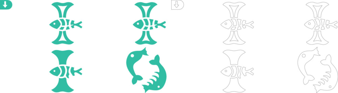 Fish skeleton and abstract fish in teal solid and grey outline styles arranged in a grid pattern on a clean white background surface