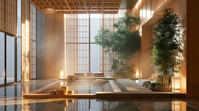 Modern indoor swimming pool with large windows and plants