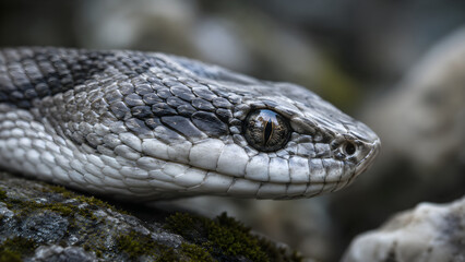 Obraz premium Detailed extreme close up of a gray viper head on mossy stone