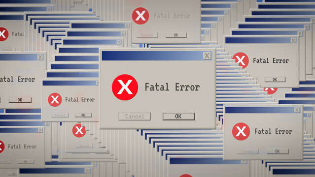 Horizontal cascade of retro Fatal Error pop up windows with red icons and OK buttons, chaotic computer crash concept for cybersecurity and tech marketing