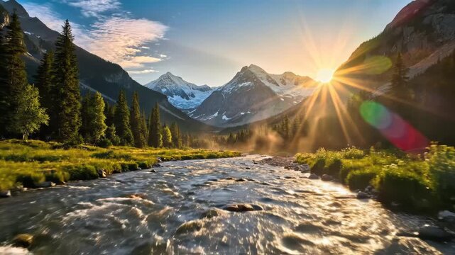 Breathtaking sunrise over a mountain river in a lush valley with pine trees and snowcapped peaks