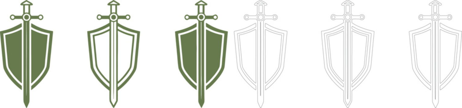 Olive green and white shield and sword featuring heraldic emblems in solid and outline styles, isolated on a clean white background