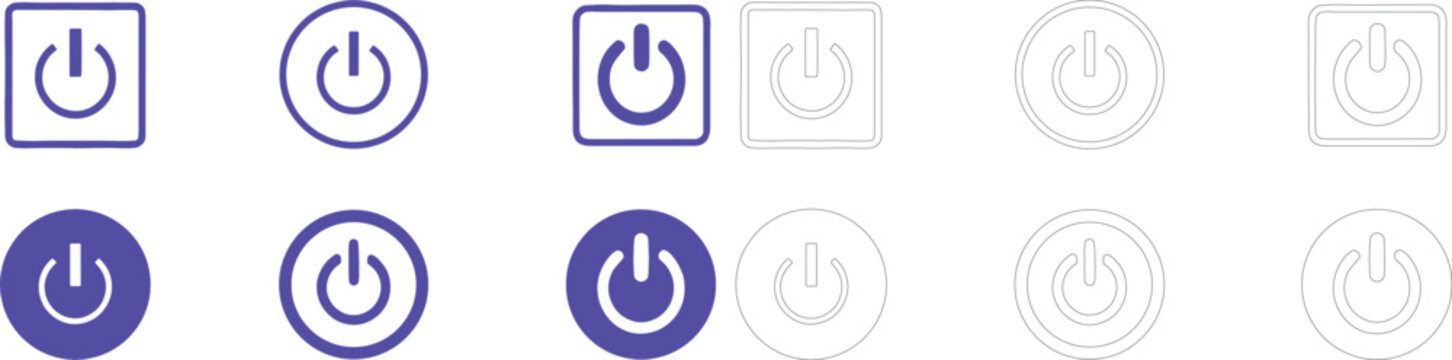 Set of power button in purple and outline styles with circular and square frames for electronic device control interfaces