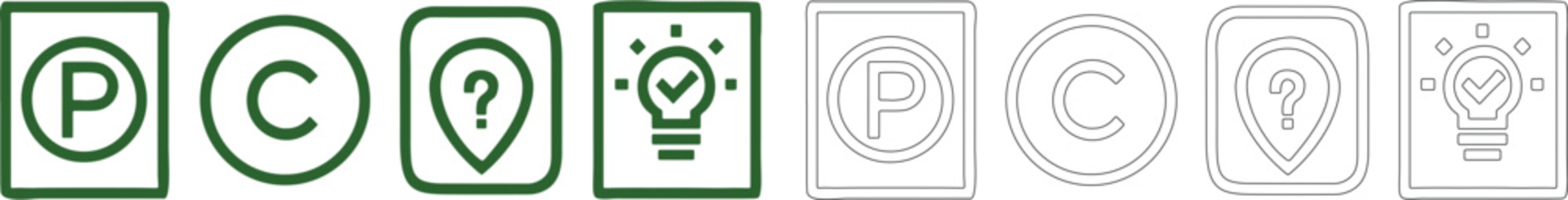 Set of square and circular including parking, copyright, and lightbulb, in solid dark green and thin outline on a white background
