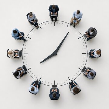 Business people collaborating around clock representing time management