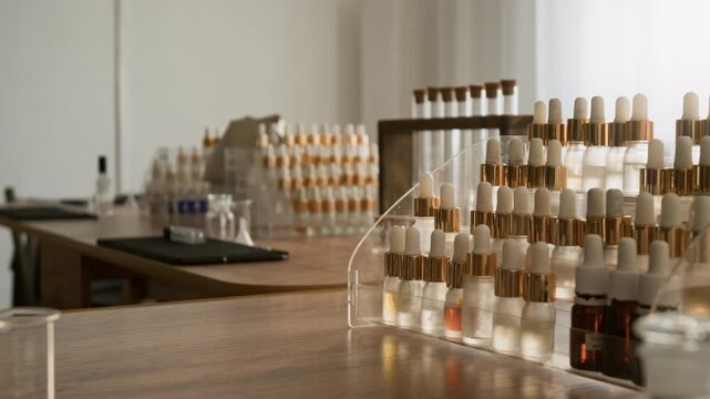 Glass dropper bottles and laboratory glassware standing on wooden table in perfumery workshop. Clip is suitable for promoting perfume making masterclasses or organic cosmetics brands