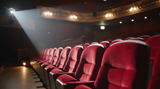 Empty Red Velvet Theater Seats Illuminated by Warm Aisle Lights and a Dramatic Projector Beam