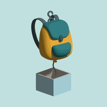 A colorful backpack floating above a simple open cardboard box