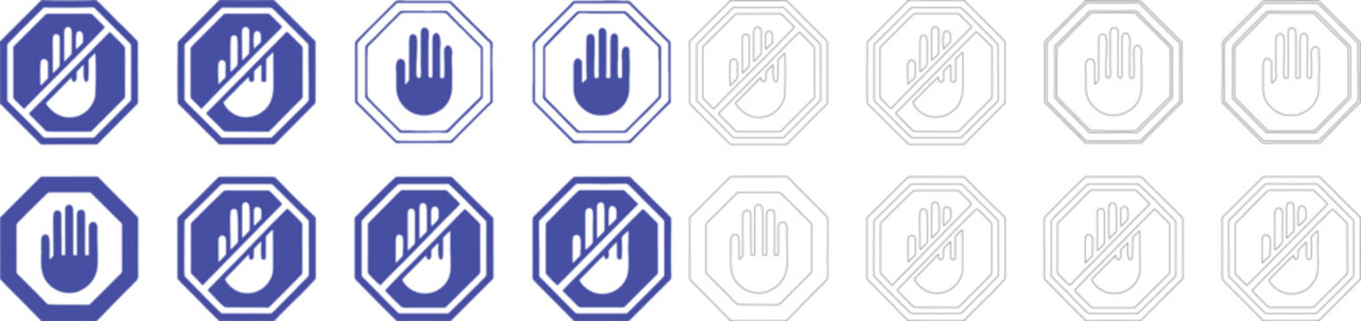 A series of blue and outline stop sign with hand symbols, displayed in various styles on a plain white background