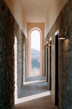 Boutique hotel corridor featuring tall arched window, stone walls, and doors with copper light fixtures illuminating the space, creating a serene atmosphere